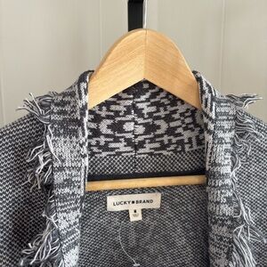 Lucky Brand Jacquard Knit Cardigan M Shawl Collar Fringe Open Front Aztec NWT